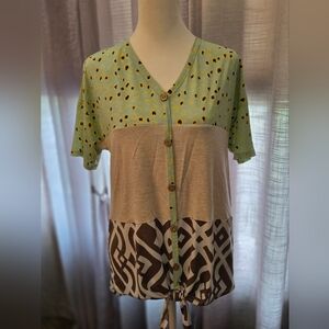 Honeyme Women's Blue and Brown Patterned Blouse